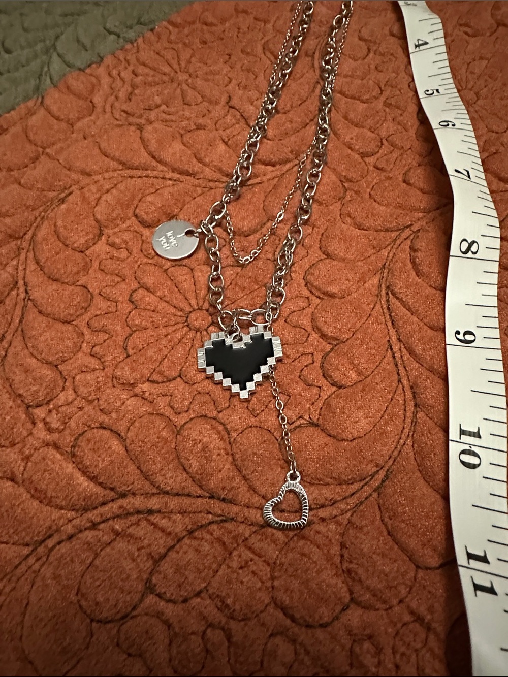 Silver Heart Layered Necklace with Black Pixel Heart Pendant